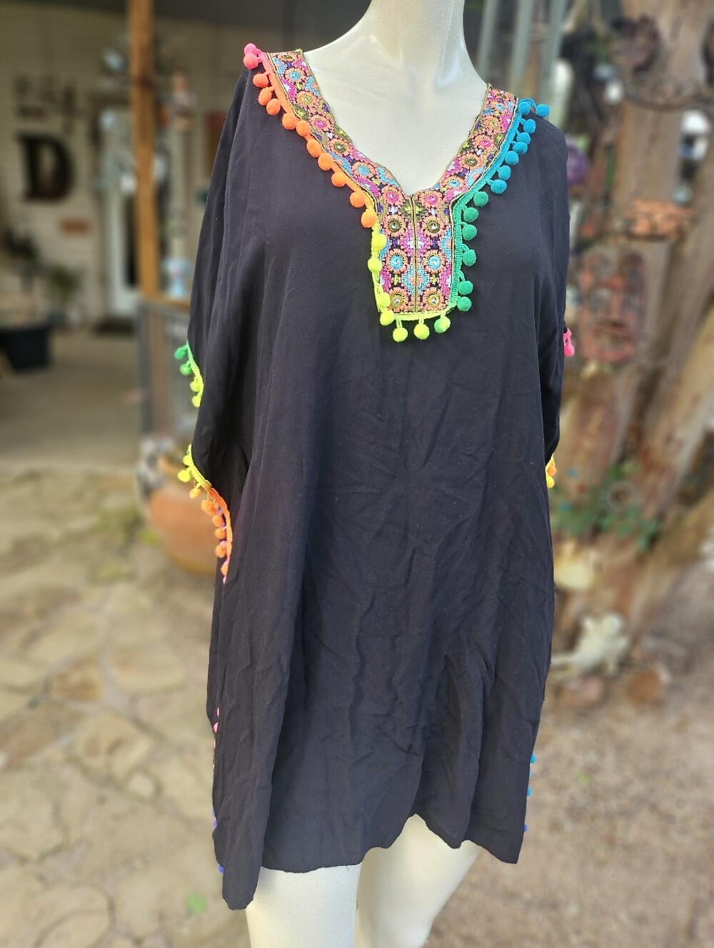 La Moda Boho V-Neck Black Swimsuit Cover Up Tunic Top with Neon Pom Trim OS